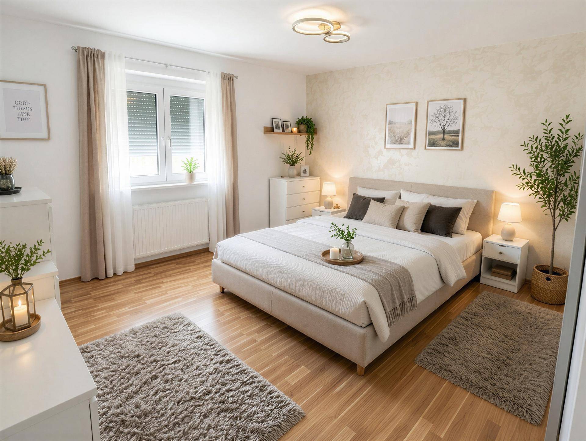 Helles Schlafzimmer mit Doppelbett, Nachttischen und dekorativer Wandtapete.