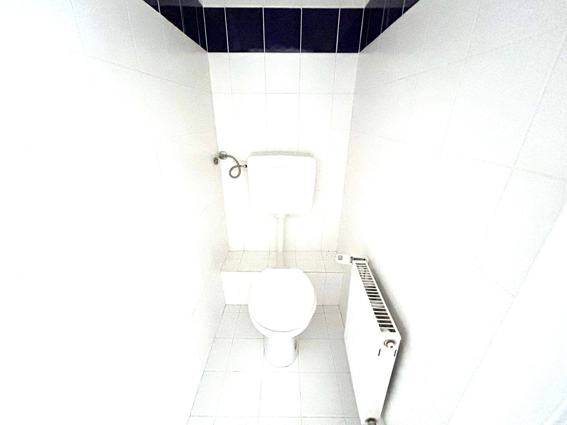 Kleines WC mit weißen Fliesen, dunklem Akzentstreifen und Heizkörper.