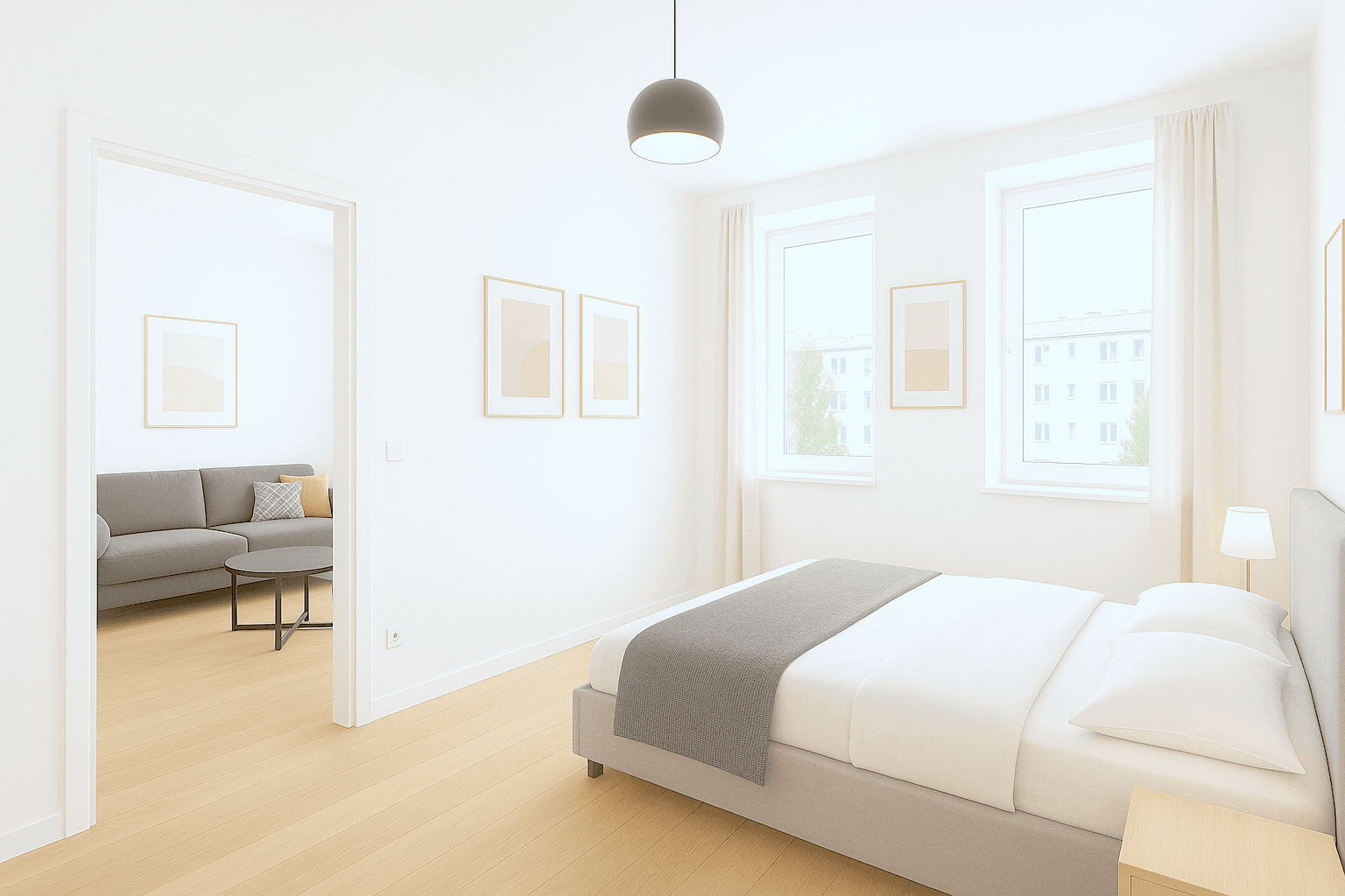 Helles Schlafzimmer mit Holzboden und direktem Zugang zum Wohnbereich.