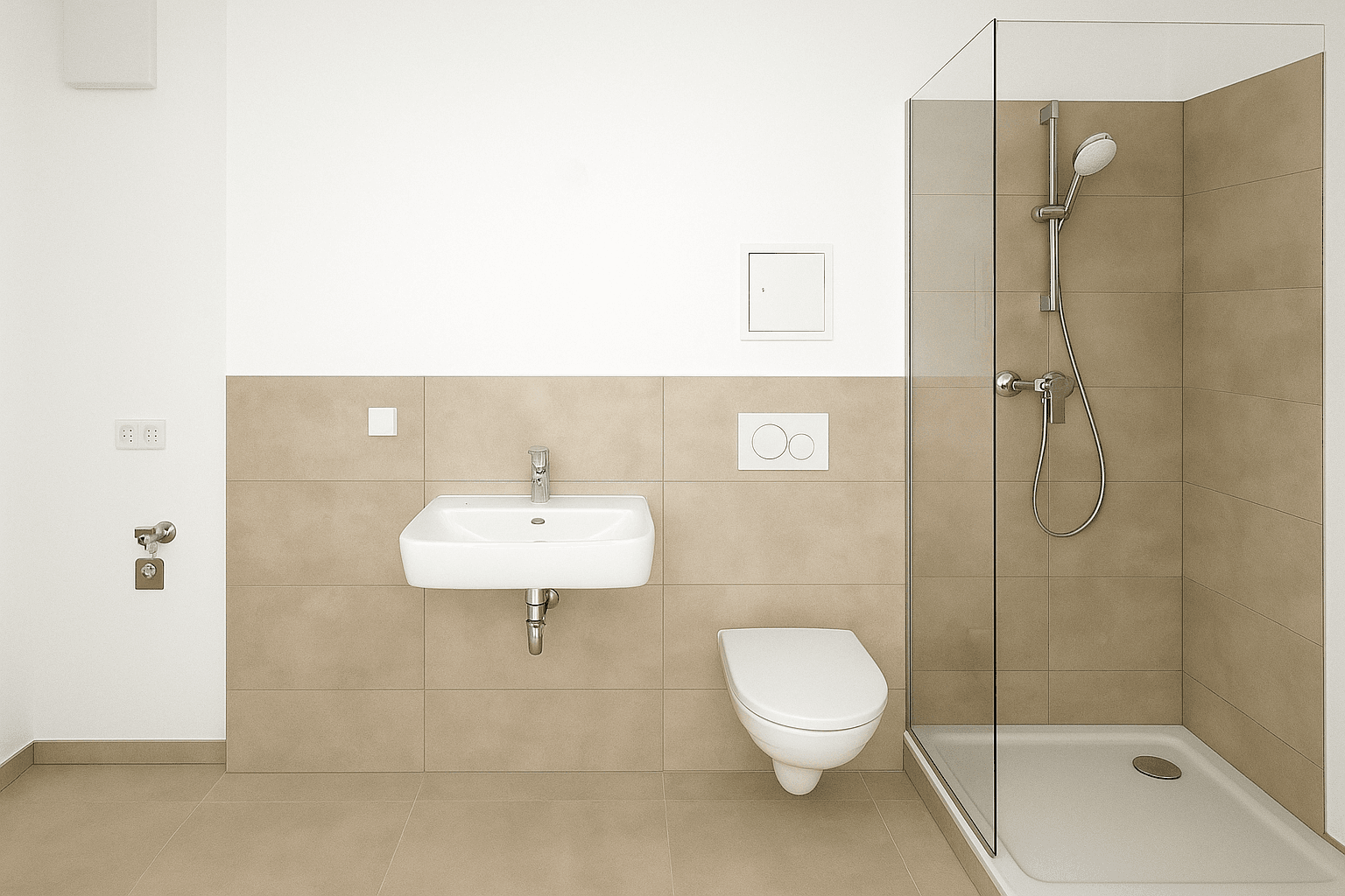 Modernes Badezimmer mit Dusche, Waschbecken und Wand-WC in neutralen Beigetönen und Fliesen.