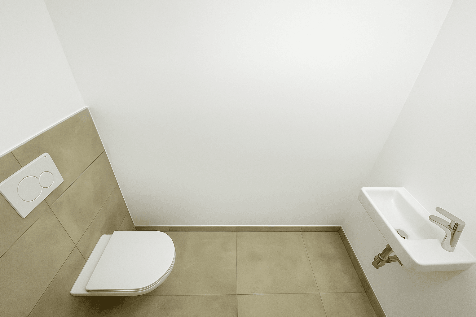 Modernes Badezimmer mit Badewanne, Waschbecken und Wand-WC, ausgestattet mit hellen Fliesen.