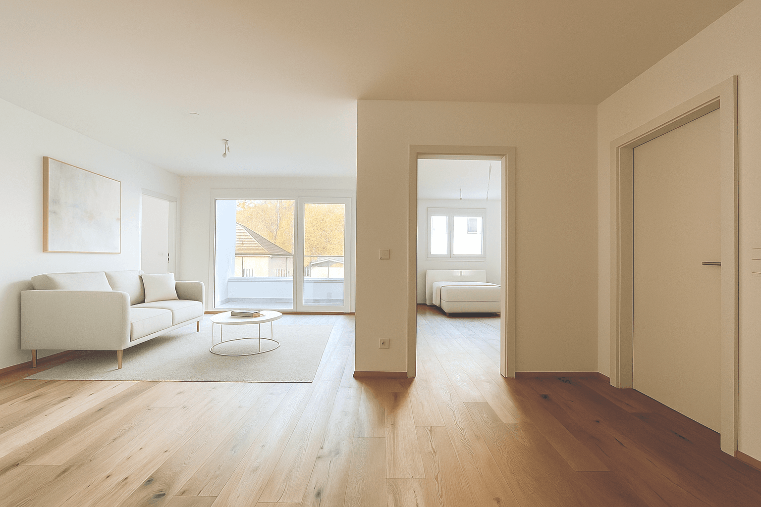 Heller Wohn-Essbereich mit Holzboden und Zugang zu einem Balkon, der viel Licht spendet.