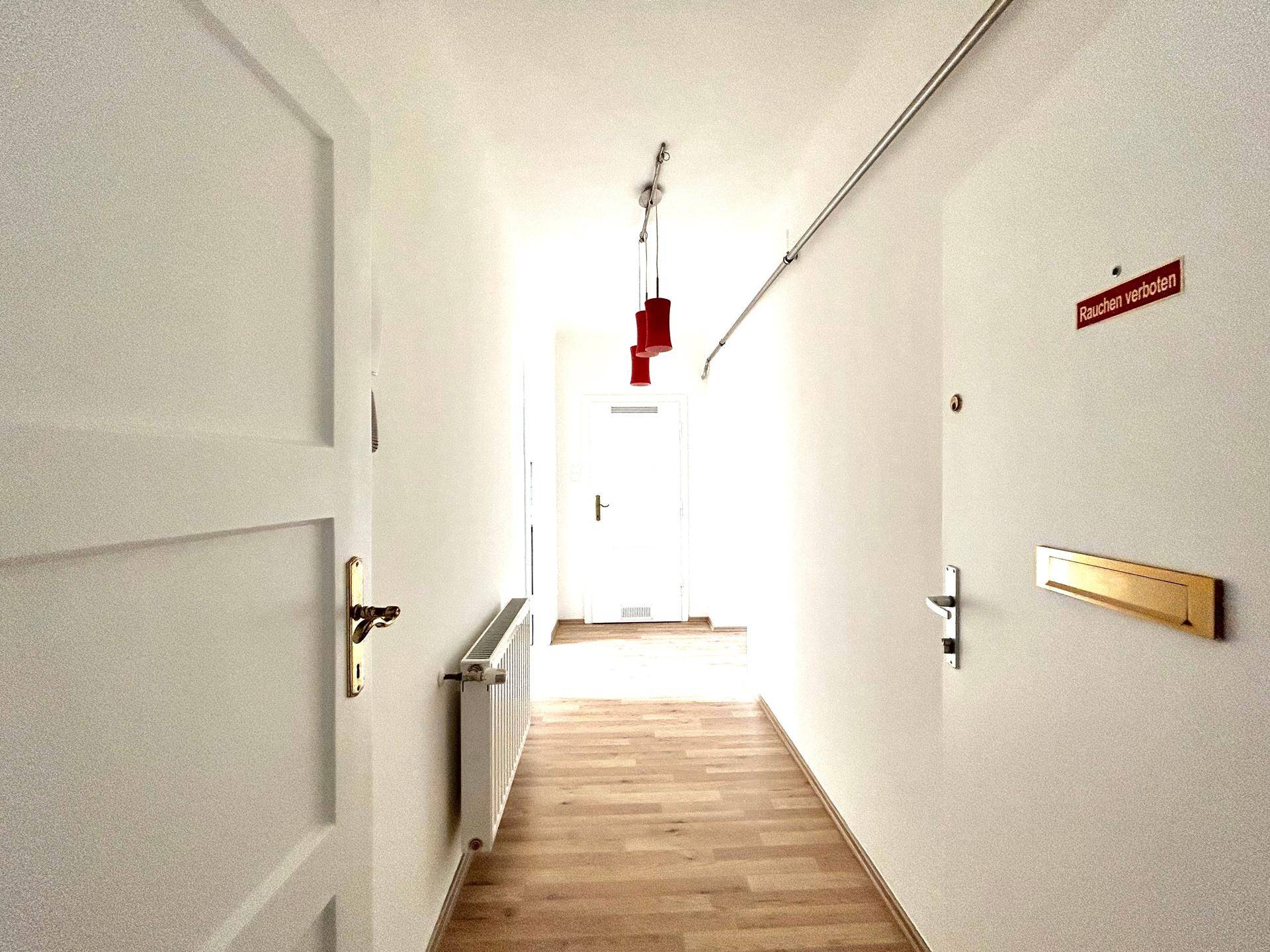 Heller Flur mit Holzfußboden, weiß gestrichenen Wänden und moderner Deckenleuchte.