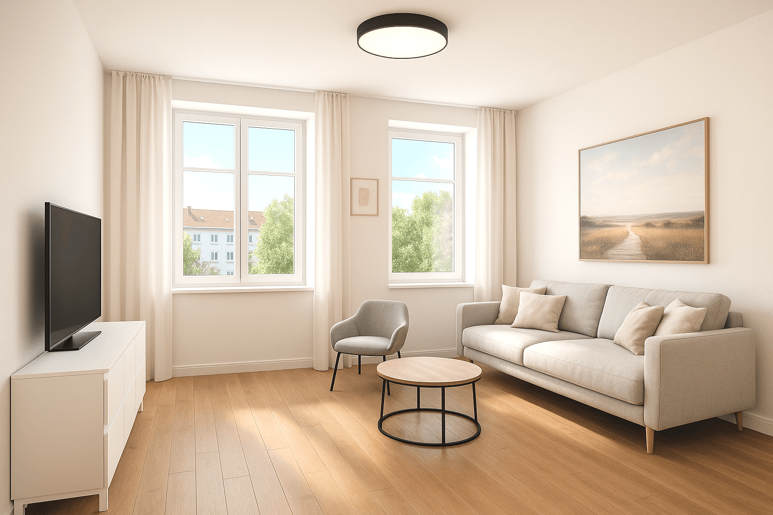 Gemütliches Wohnzimmer mit hellem Holzboden, Sofa und Blick ins Grüne.