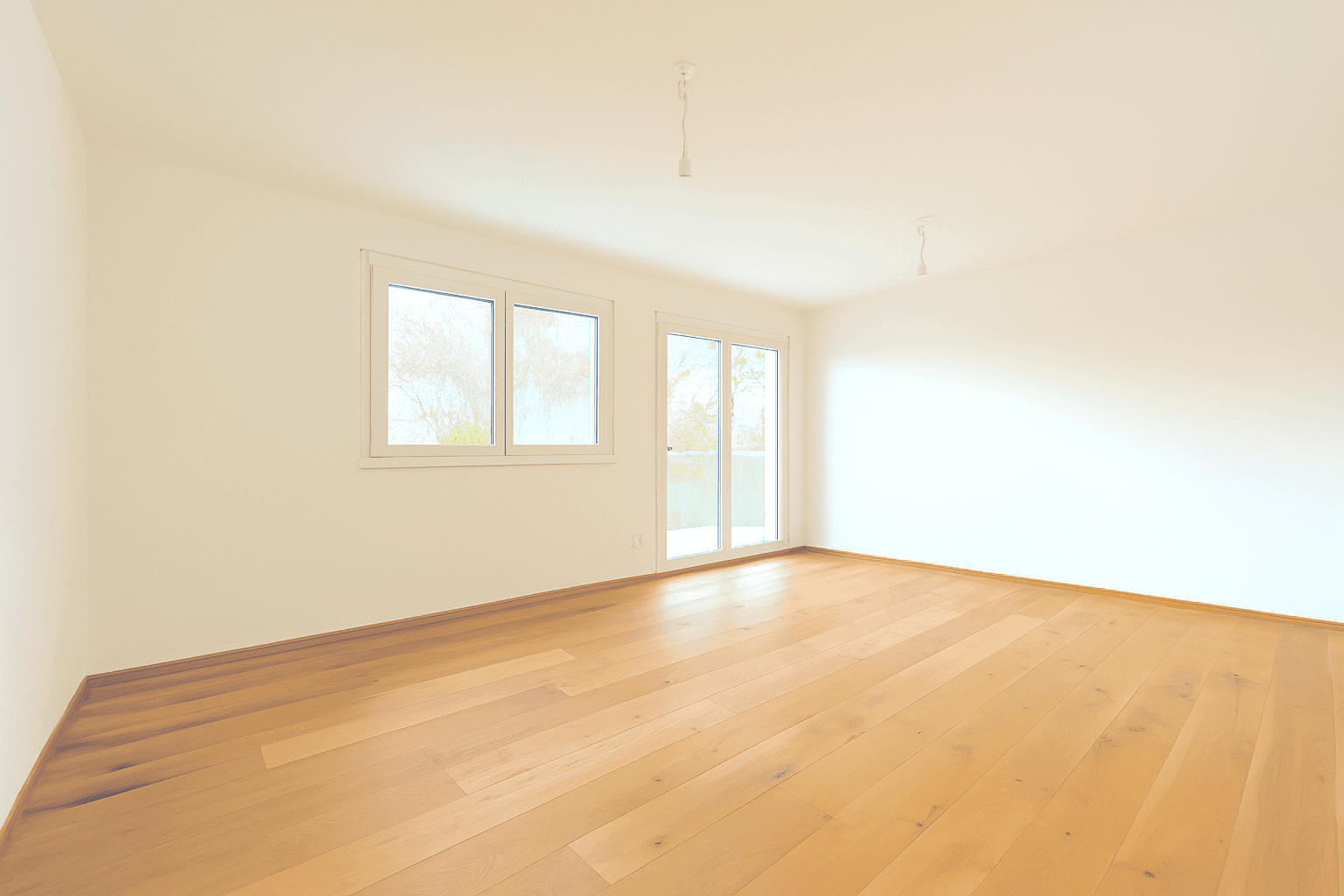 Heller, leerer Wohnraum mit Holzboden und großen Fenstern, die viel Tageslicht hereinlassen.