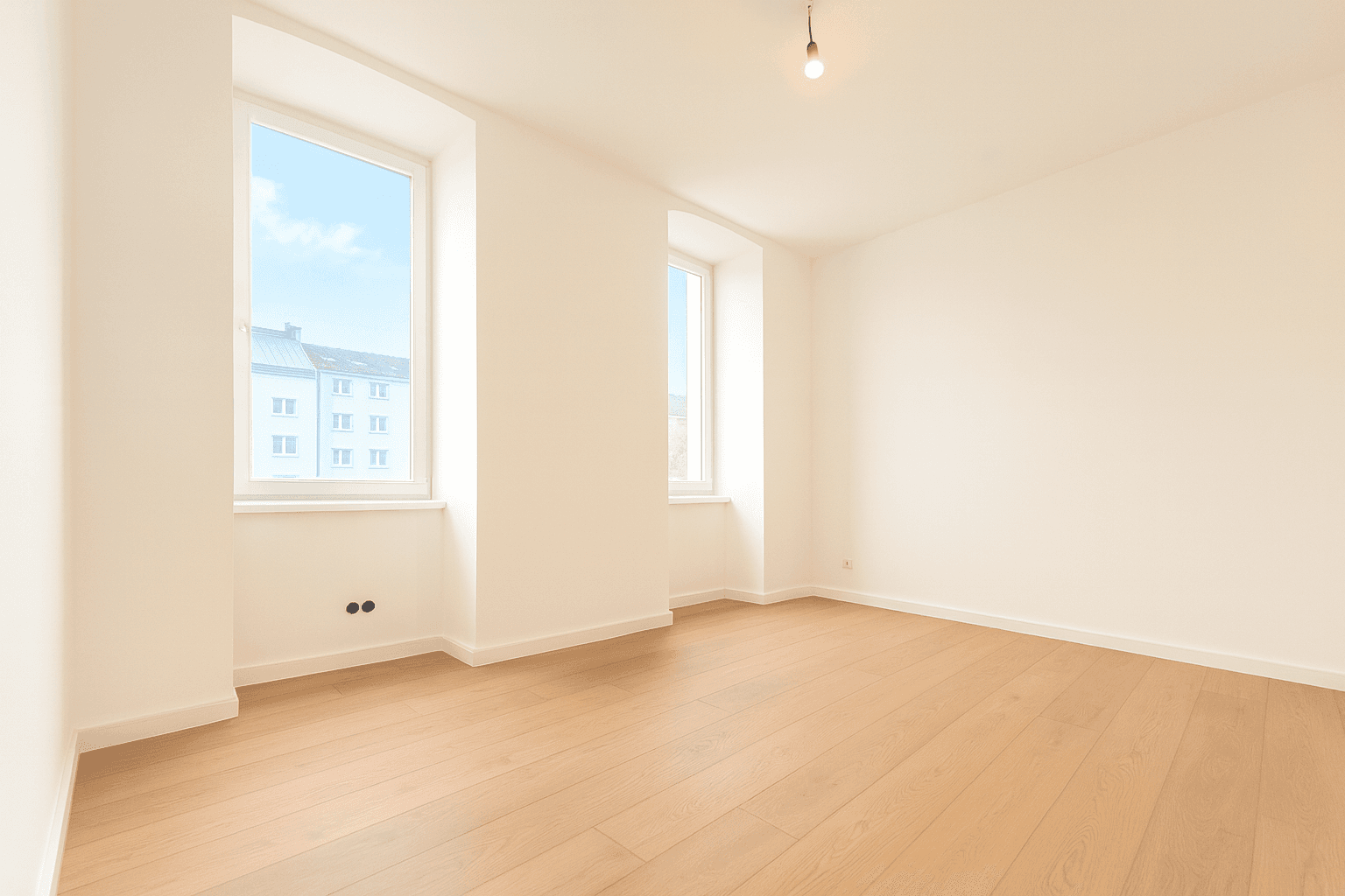 Heller, leerer Raum mit Holzboden und zwei Fenstern, ideal für eine flexible Nutzung.