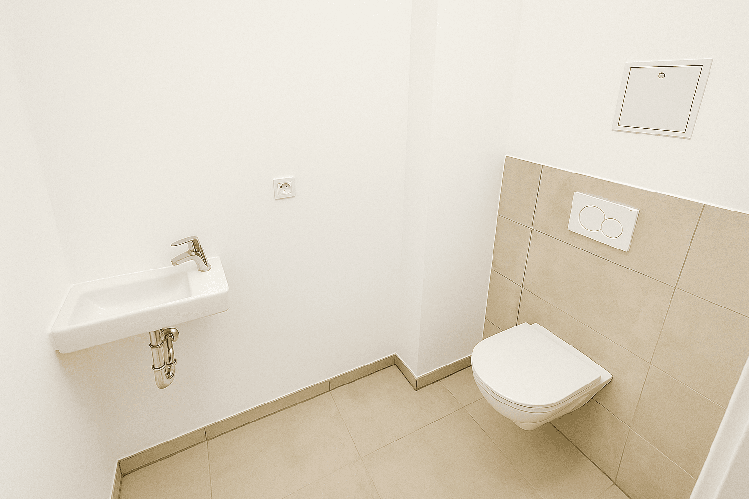 Kleines Gäste-WC mit Waschbecken und Wand-WC, ausgestattet mit hellen Fliesen.