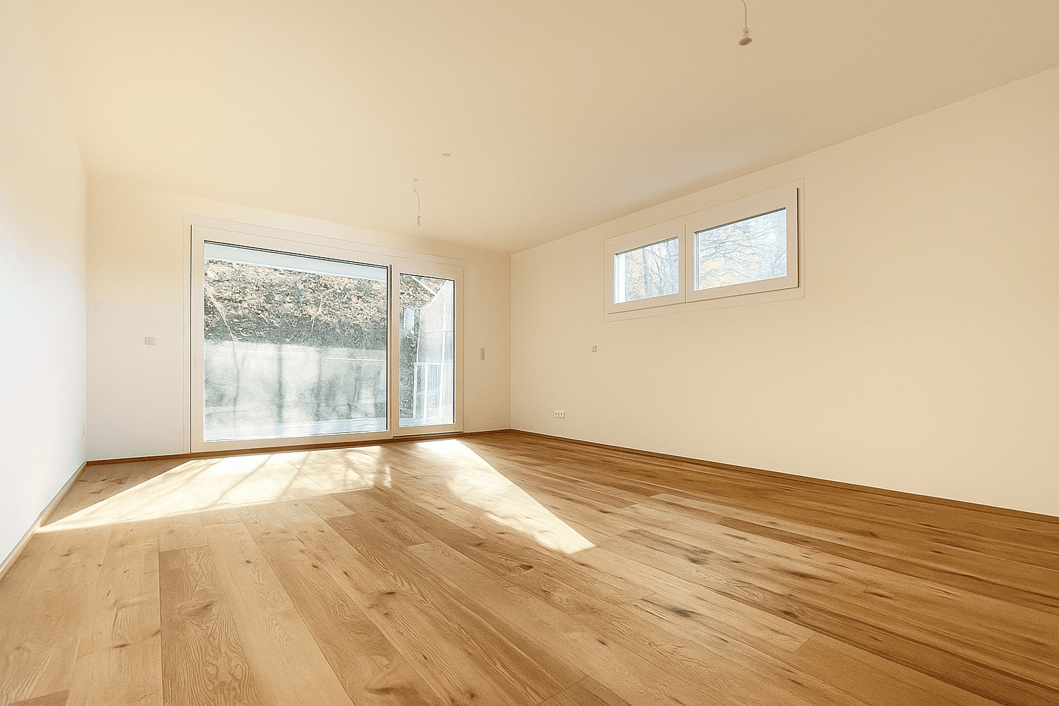 Heller, leerer Wohnraum mit Holzboden und großen Fenstern, die viel Tageslicht hereinlassen.