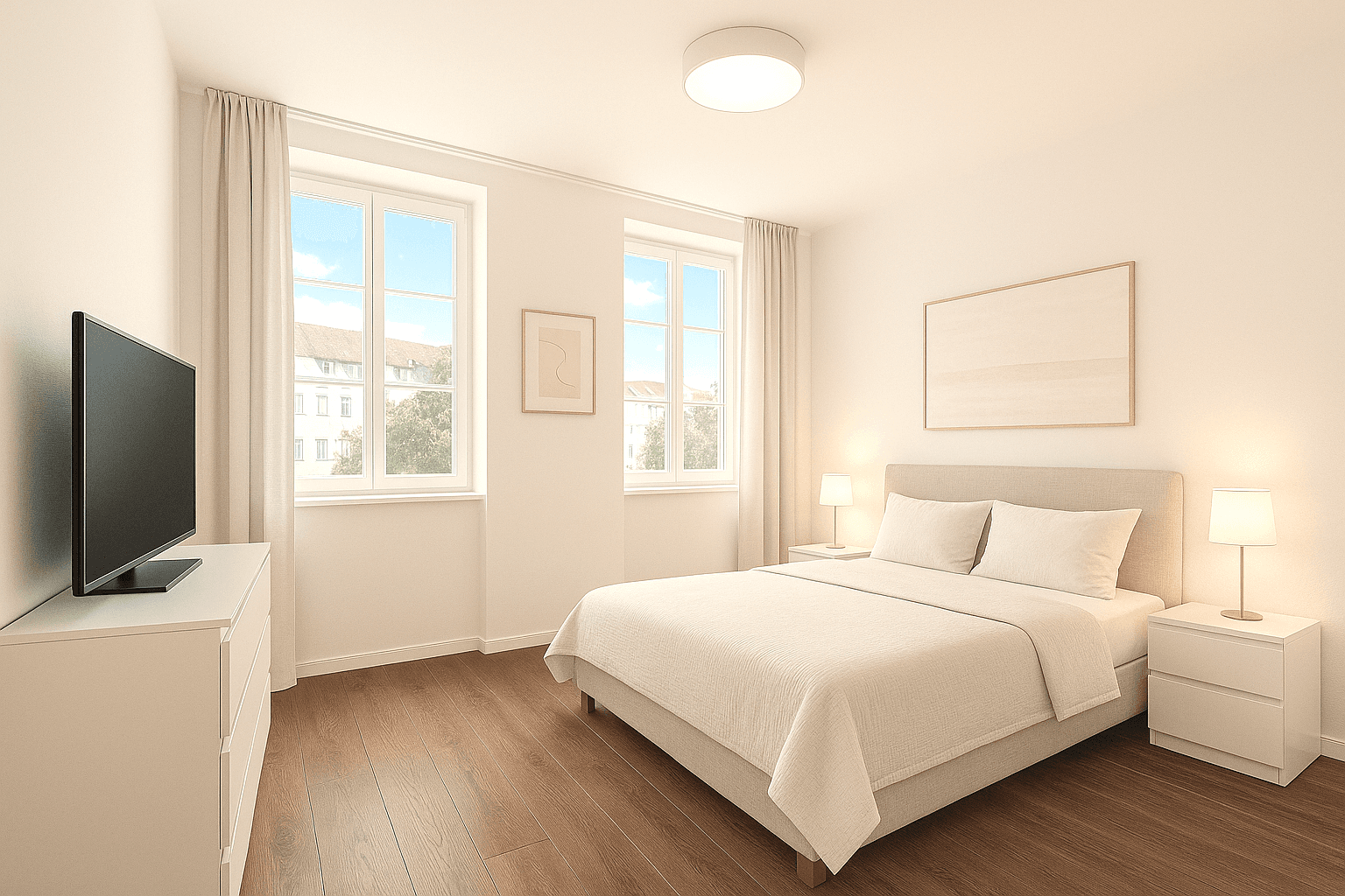 Helles Schlafzimmer mit Doppelbett, Nachttischen und Blick auf die Umgebung durch große Fenster.