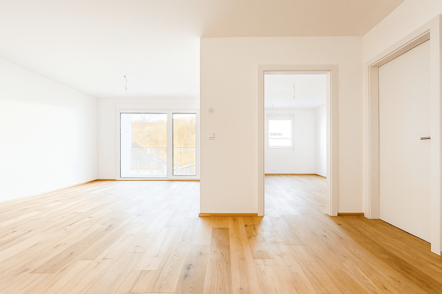 Geräumiger Balkon mit Fliesenboden und Glasgeländer, bietet einen weiten Blick auf die Umgebung.