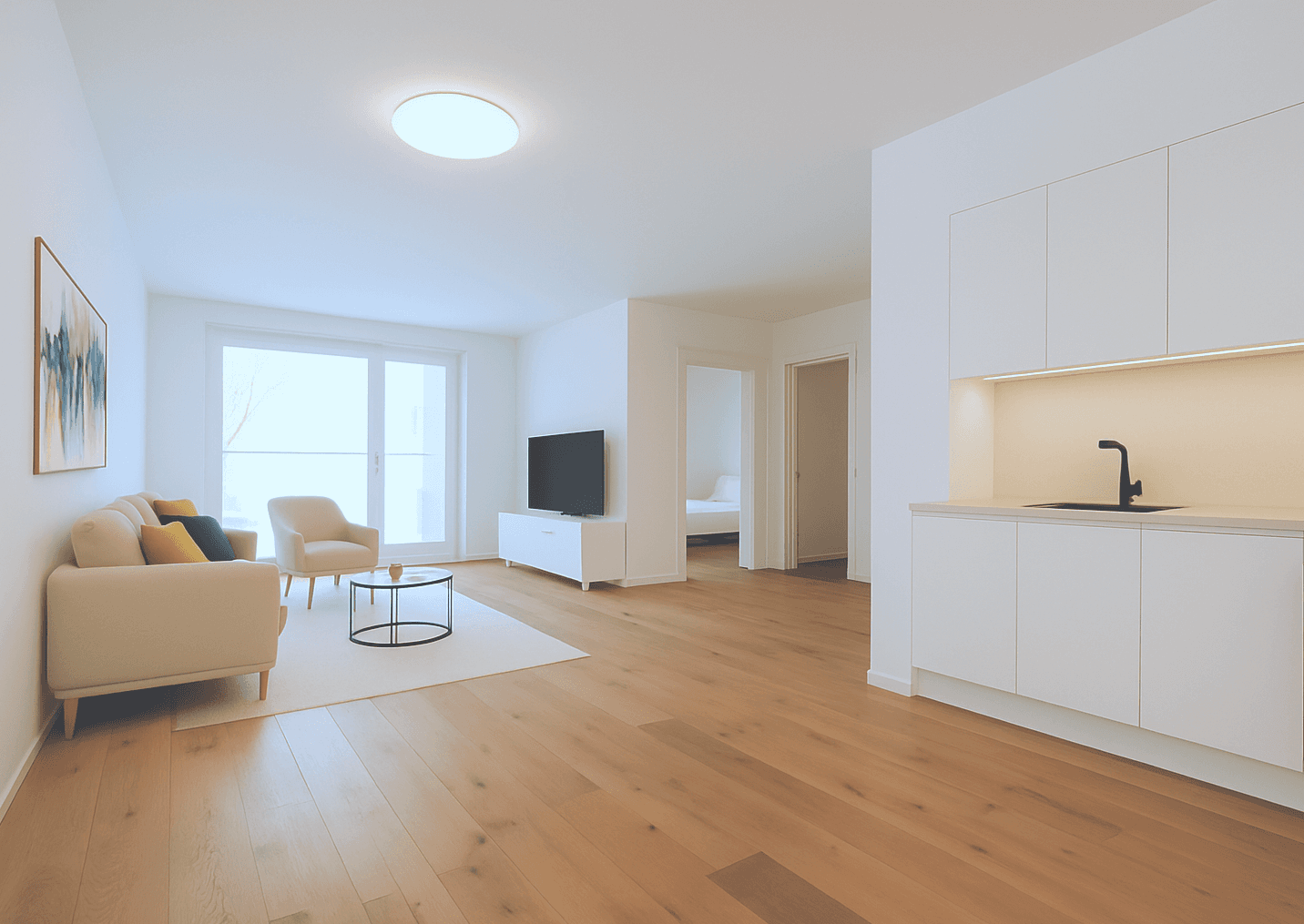 Modernes Badezimmer mit Badewanne und Waschbecken, ausgestattet mit hellen Fliesen.