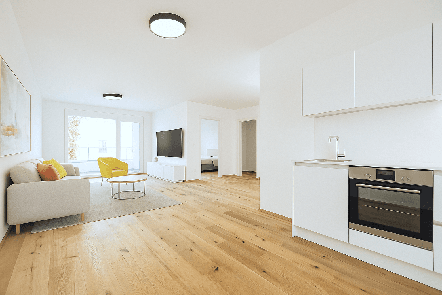 Offener Wohn-Essbereich mit moderner Küchenzeile, Holzboden und Zugang zu einem Balkon.