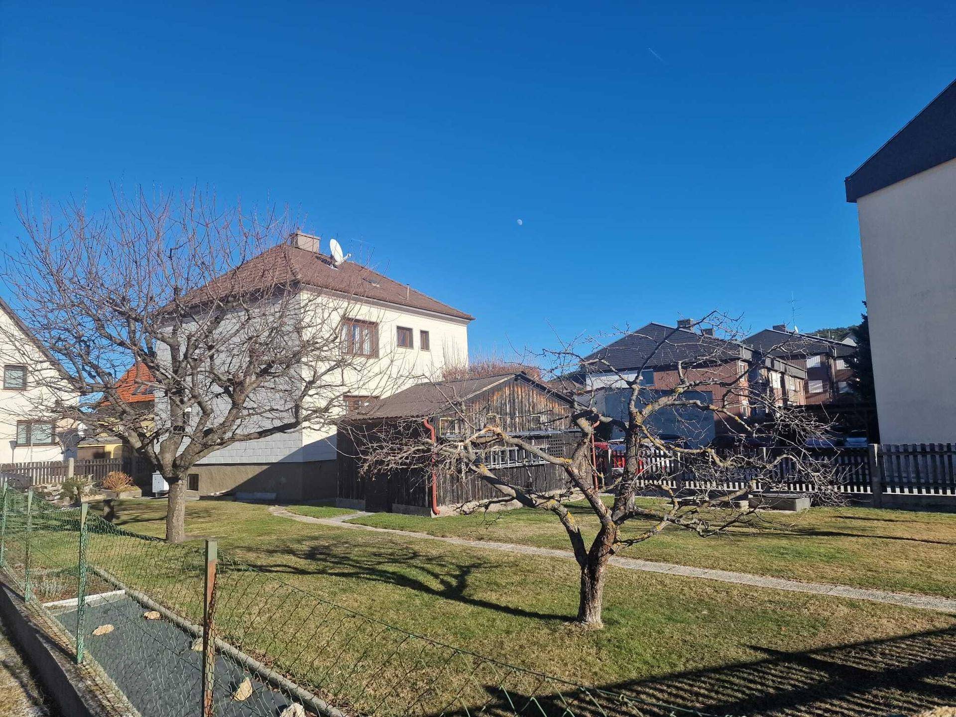Weitläufiger Garten mit kahlen Bäumen und Blick auf die umliegenden Häuser.