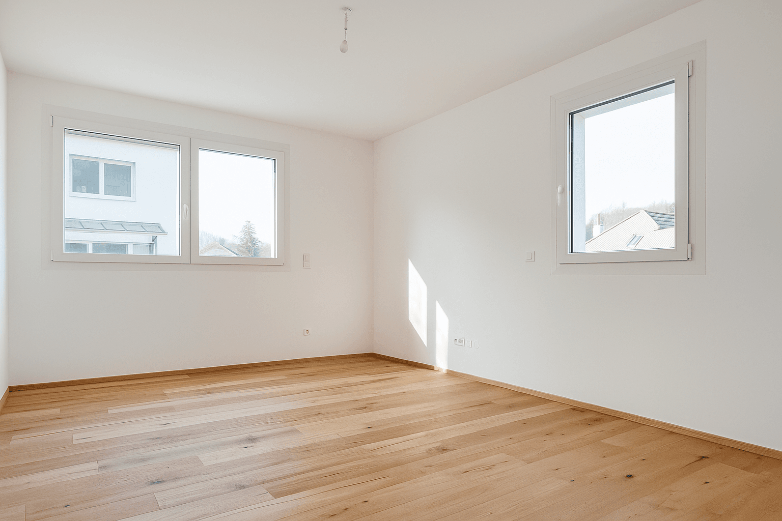 Geräumiges Schlafzimmer mit Holzboden und zwei Fenstern, die den Raum hell und freundlich machen.