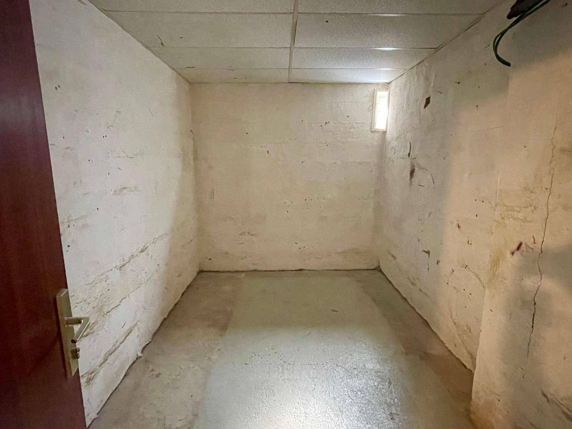 Kellerraum mit Betonboden und rauen Wänden, bietet zusätzlichen Stauraum.