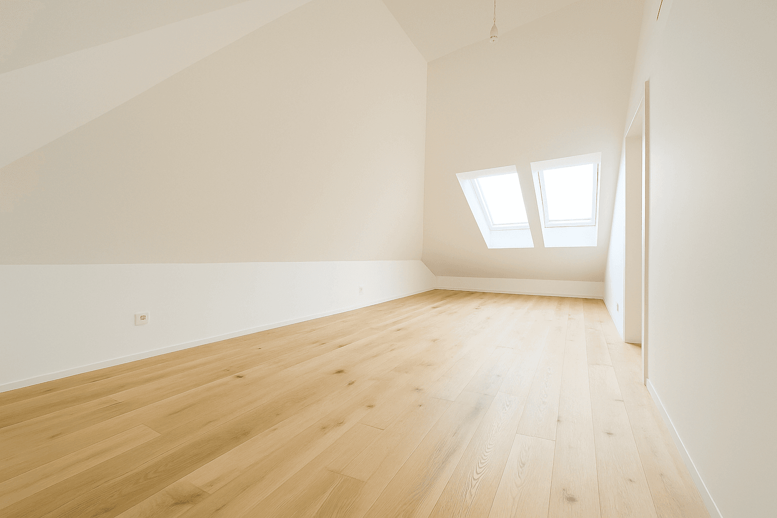 Heller Dachgeschossraum mit Holzboden und zwei Dachfenstern, ideal für ein Schlafzimmer oder Büro.