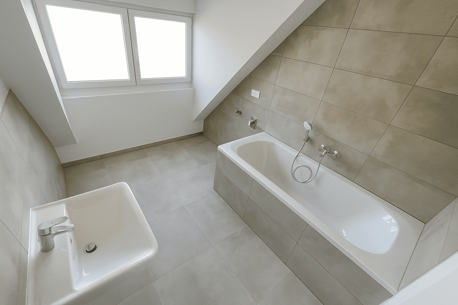 Modernes Badezimmer mit Badewanne, Waschbecken und Fenster unter einer Dachschräge.