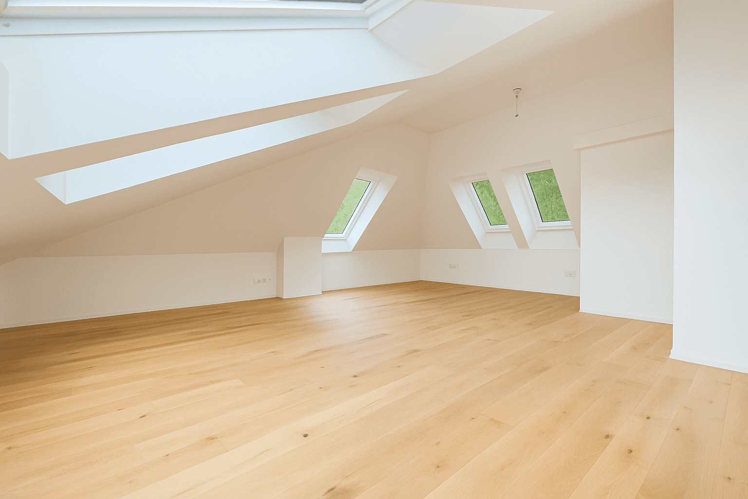 Geräumiger Dachgeschossraum mit hellem Holzboden und schrägen Wänden, beleuchtet durch Dachfenster.