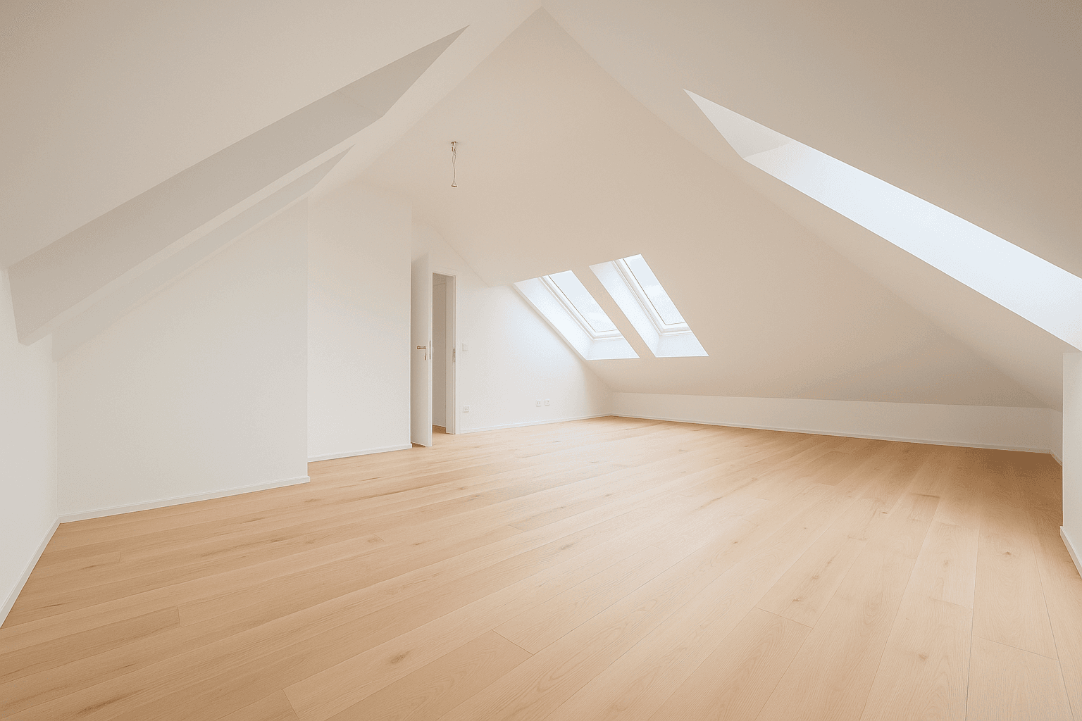 Großer, heller Dachgeschossraum mit Holzboden und Dachfenstern, bietet vielseitige Nutzungsmöglichkeiten.