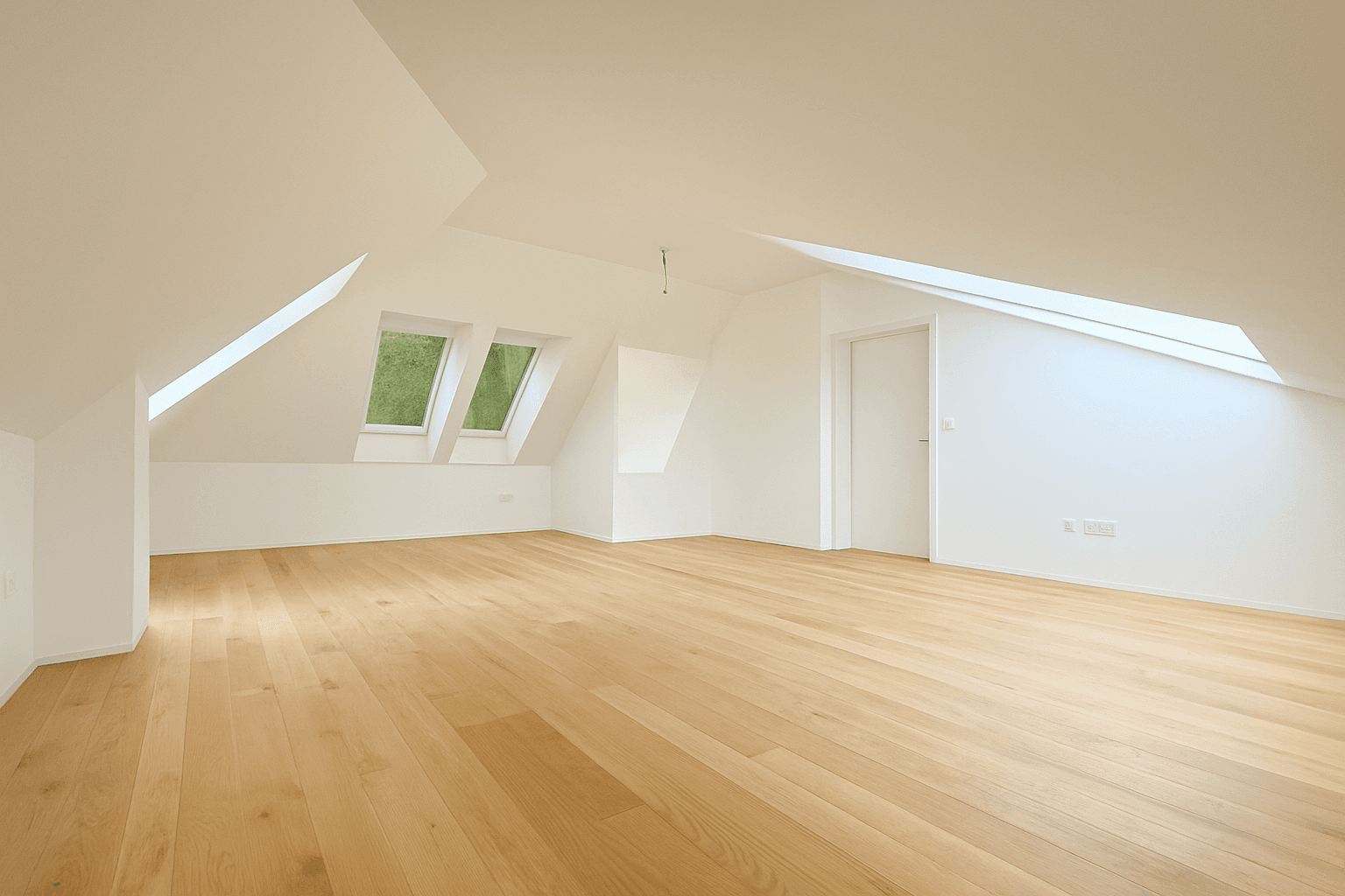 Lichtdurchfluteter Dachgeschossraum mit Holzboden und mehreren Dachfenstern, ideal für Wohnen oder Schlafen.