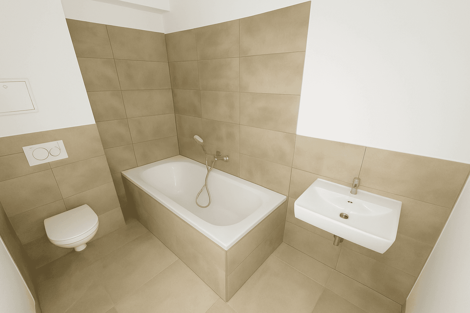 Funktionales Badezimmer mit Badewanne, Wand-WC und Waschbecken, komplett gefliest.