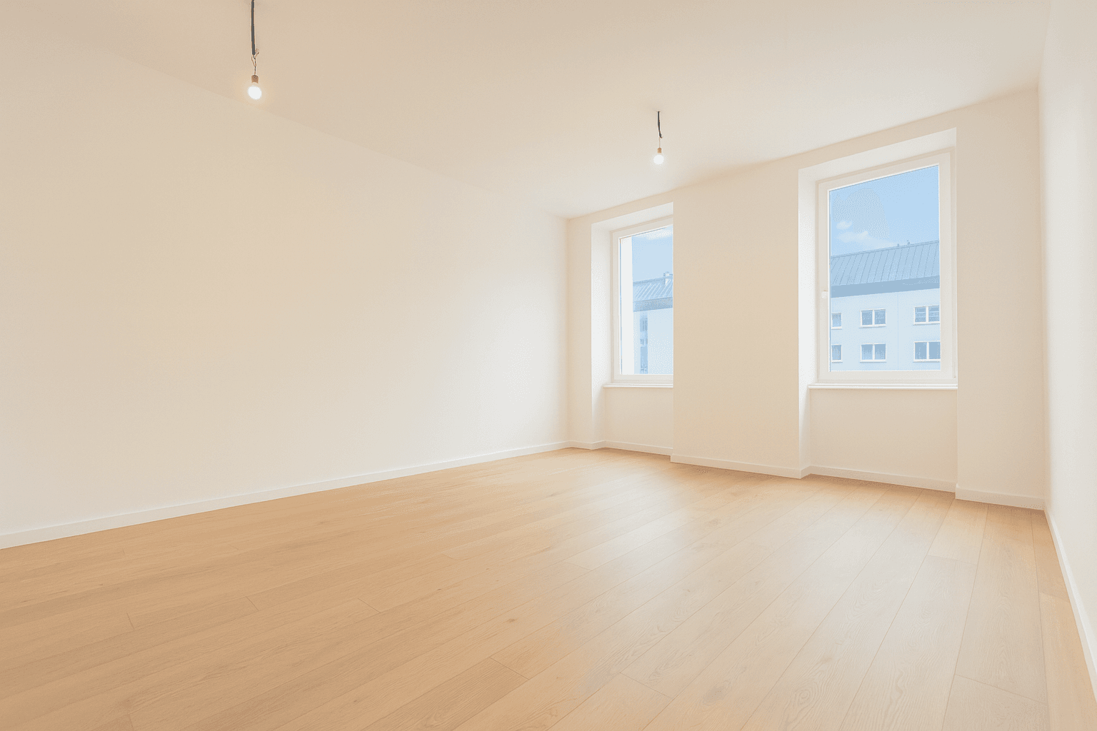 Geräumiger, heller Raum mit Holzboden und zwei Fenstern, ideal für Wohnzwecke.