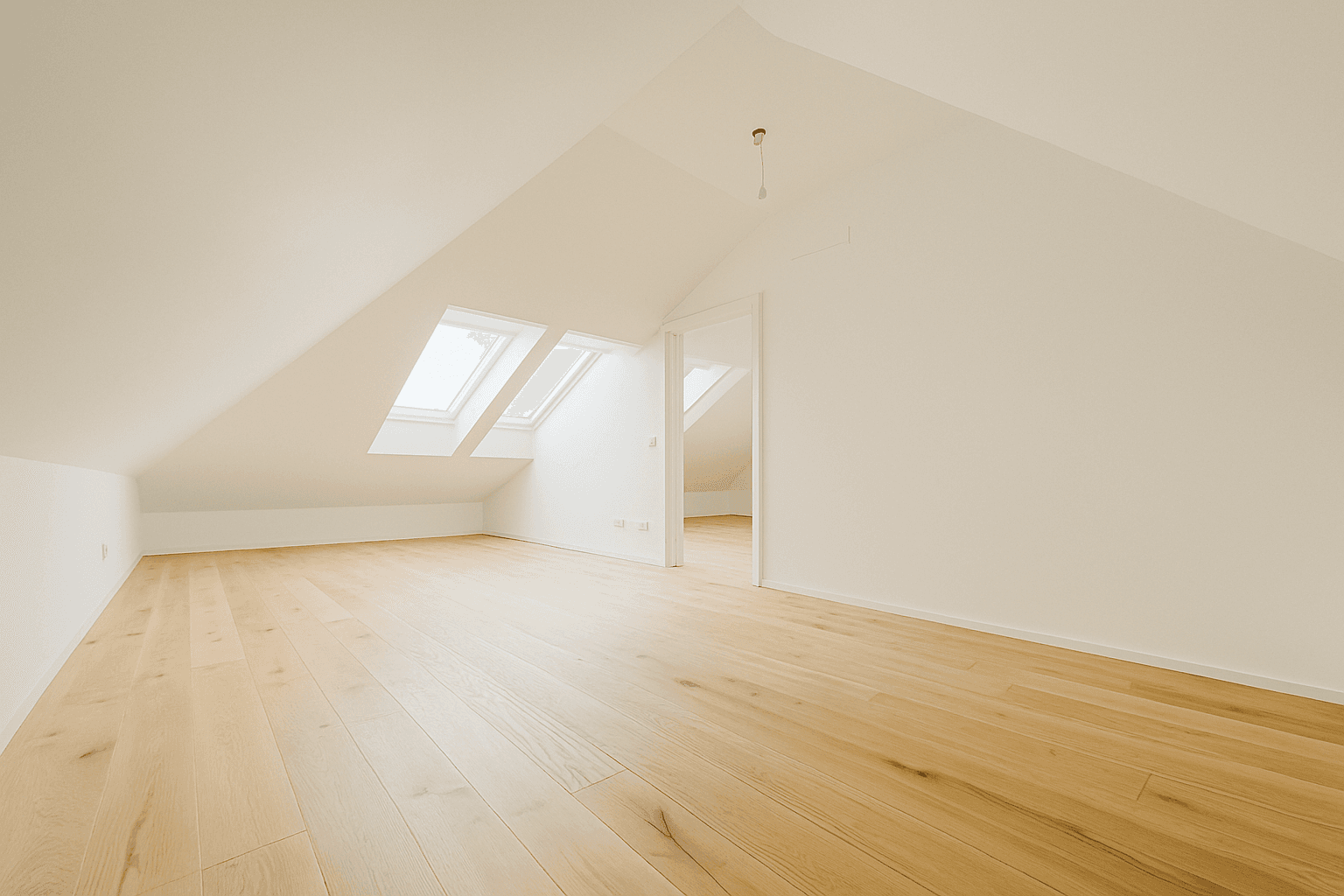Geräumiger Dachgeschossraum mit Holzboden und mehreren Dachfenstern, bereit für individuelle Gestaltung.