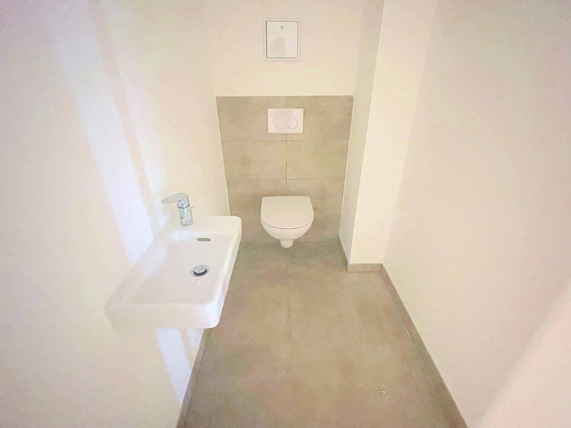 Separates Gäste-WC mit Wand-WC und kleinem Waschbecken, in modernem Design.