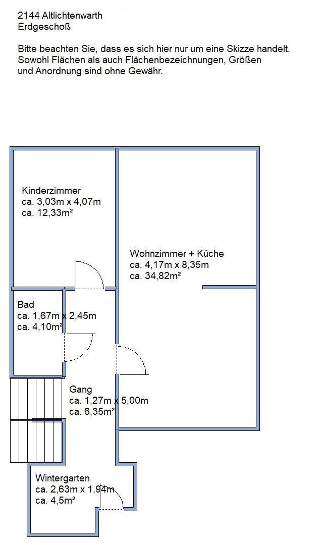 Grundriss des Erdgeschosses mit Kinderzimmer, Bad, Wohnzimmer, Küche und einem Wintergarten.