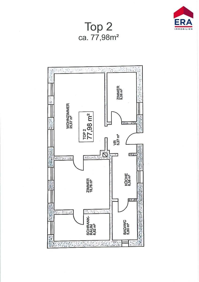 Detaillierter Grundriss der Wohnung "Top 2" mit einer Fläche von ca. 77,98 m².