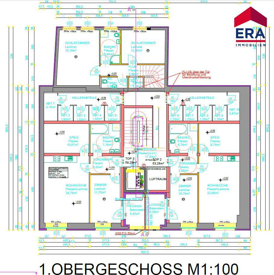 Grundriss des 1. Obergeschosses mit Wohnküchen, Schlafzimmern und Loggien.