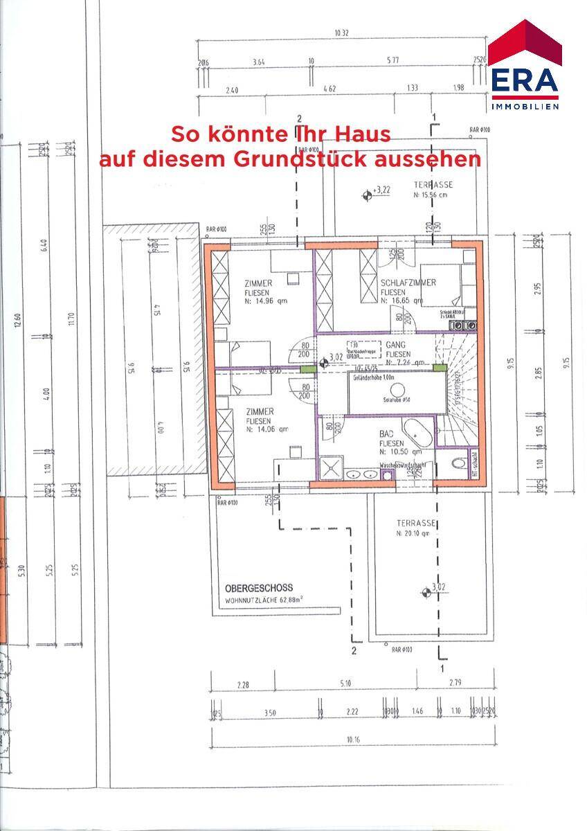 Grundriss des Obergeschosses mit Schlafzimmern, Badezimmer, Doppelwaschbecken und weiterer Terrasse.