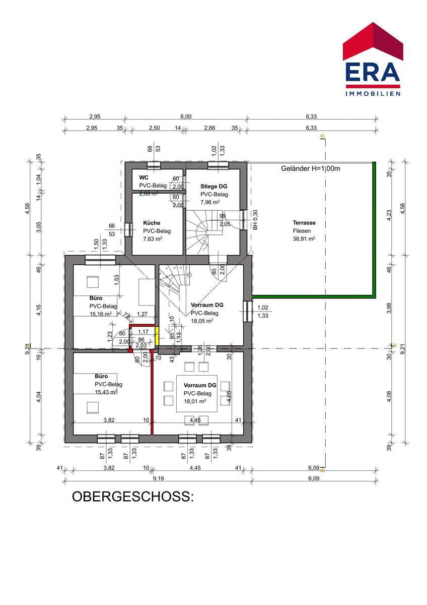 Grundriss des Obergeschosses mit Büros, Vorraum, WC und einer großen Terrasse.