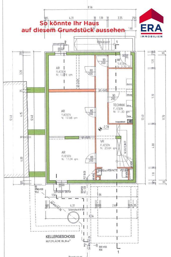 Grundriss des Kellergeschosses mit Technikraum und Abstellflächen für zusätzlichen Stauraum.