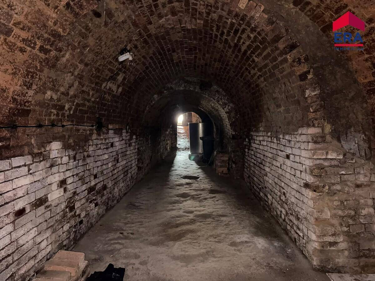 Historischer Gewölbekeller aus Ziegelstein mit langer, dunkler Passage und rustikalem Charme.