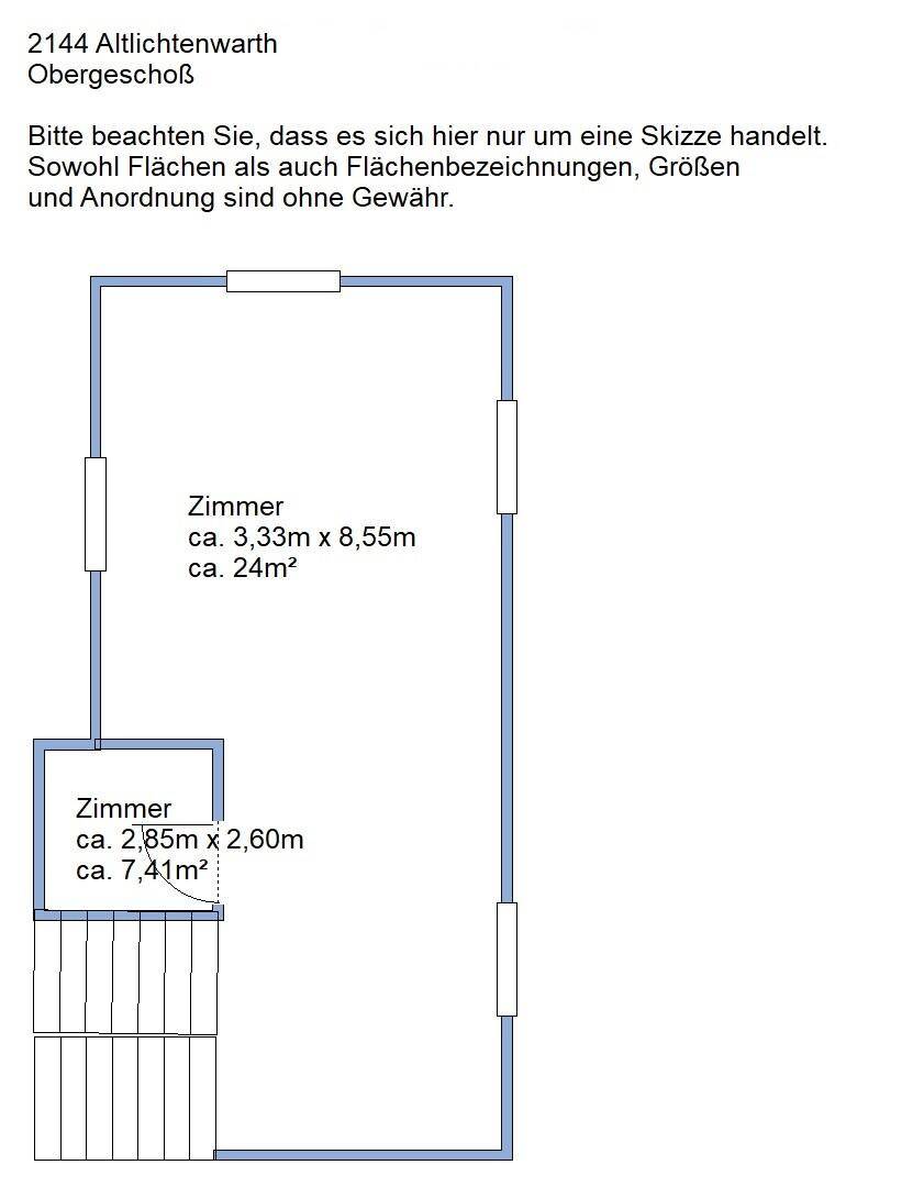 Grundriss des Obergeschosses mit zwei Zimmern und Treppenaufgang.