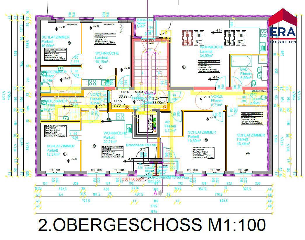 Grundriss des 2. Obergeschosses mit mehreren Wohnküchen, Schlafzimmern und Bädern.