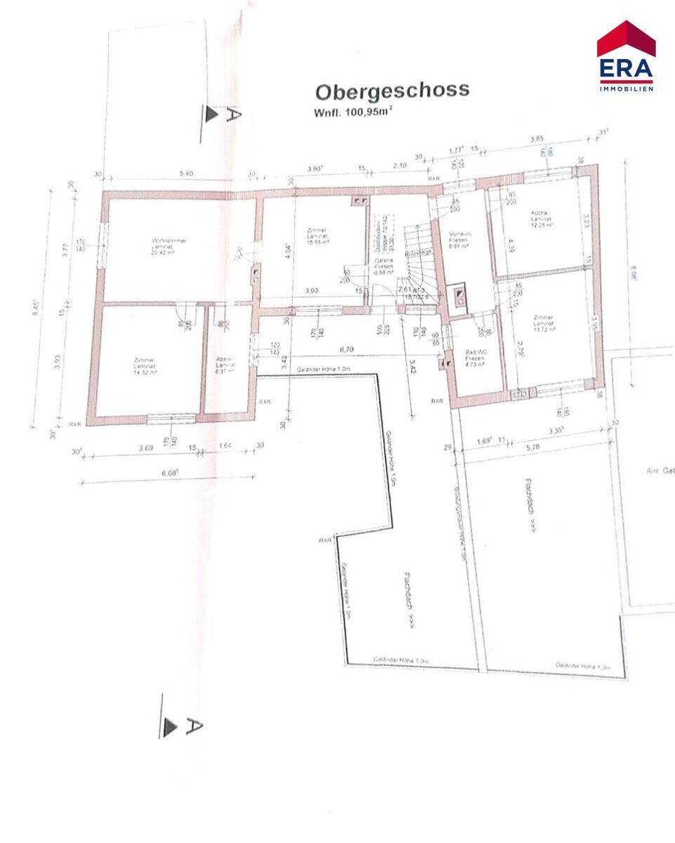 Grundriss des Obergeschosses mit Zimmern und Wohnflächenangaben.