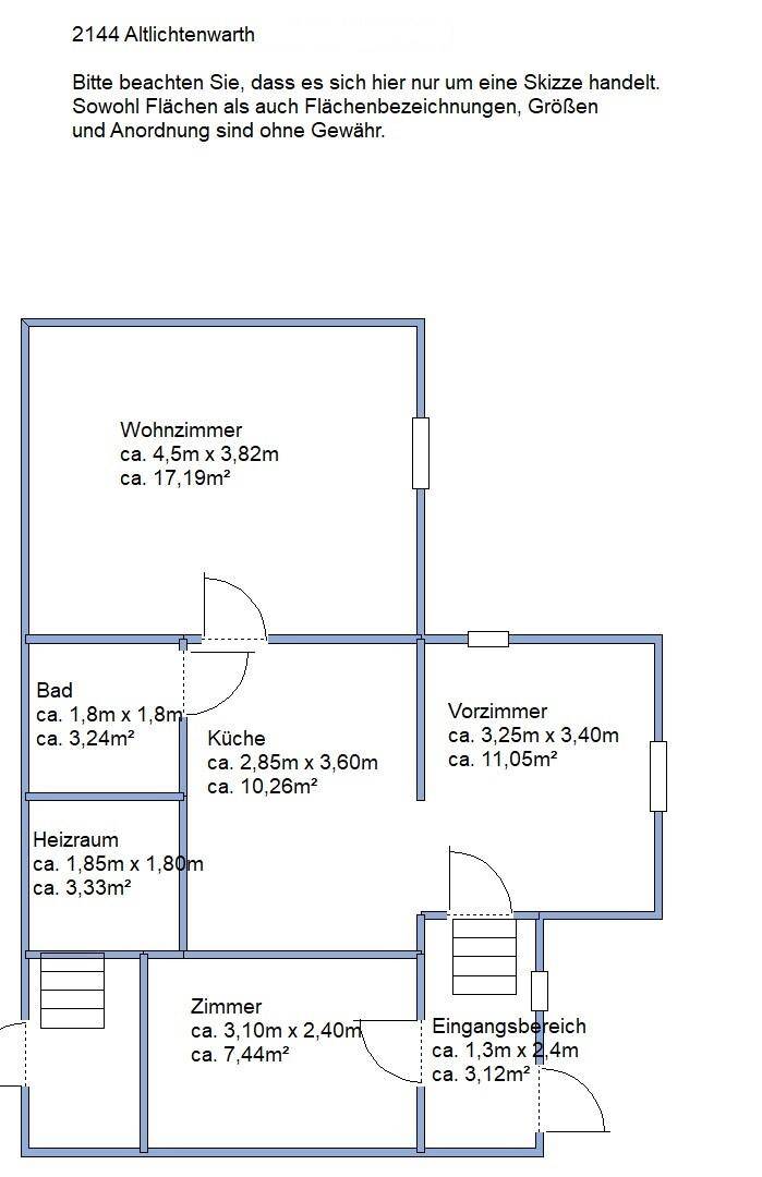Grundriss mit Wohnzimmer, Bad, Küche, Heizraum und Eingangsbereich, detailliert dargestellt.