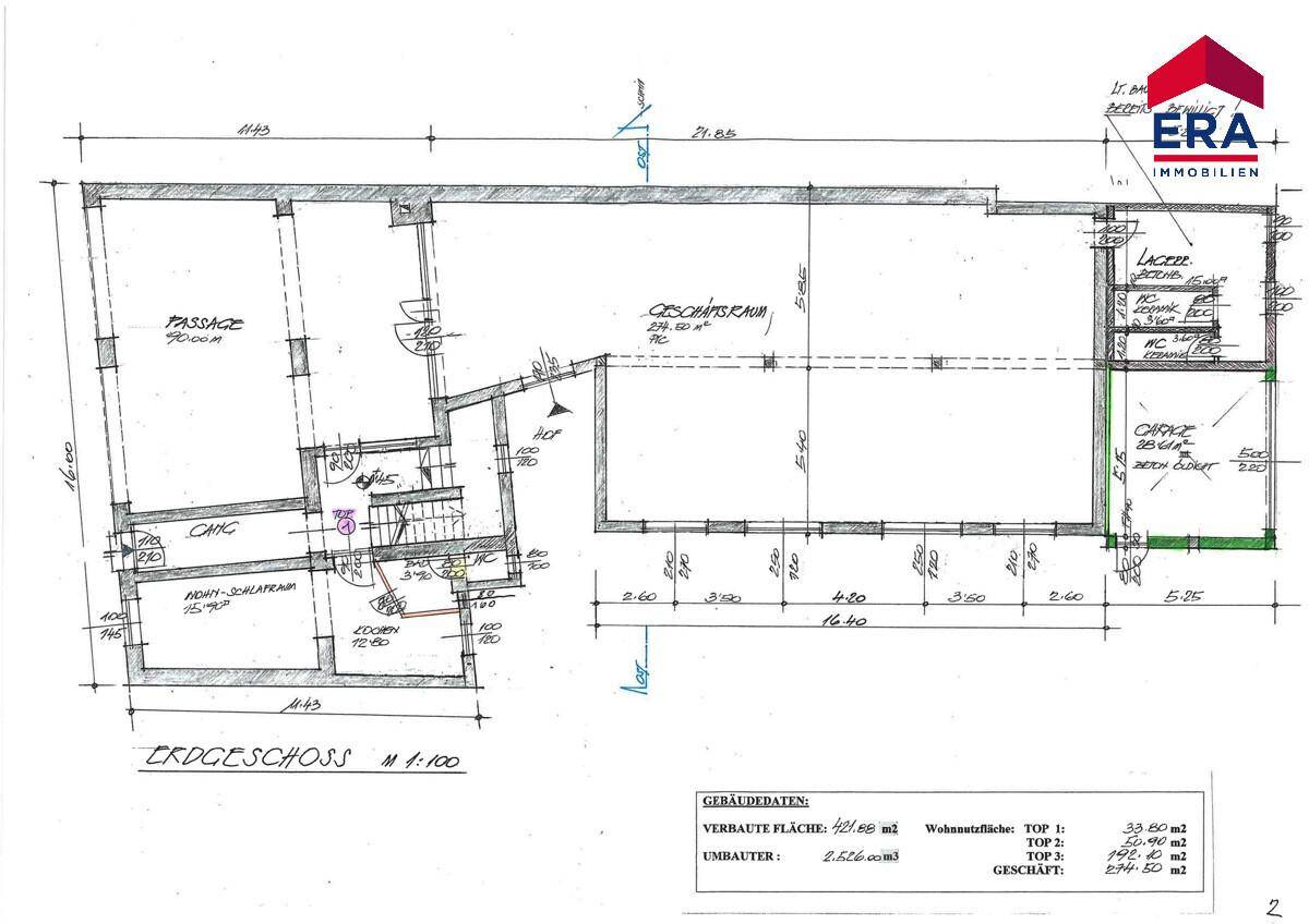 Grundriss des Erdgeschosses mit Geschäftsräumen, Passage und Wohnbereich, inklusive Hofzugang.