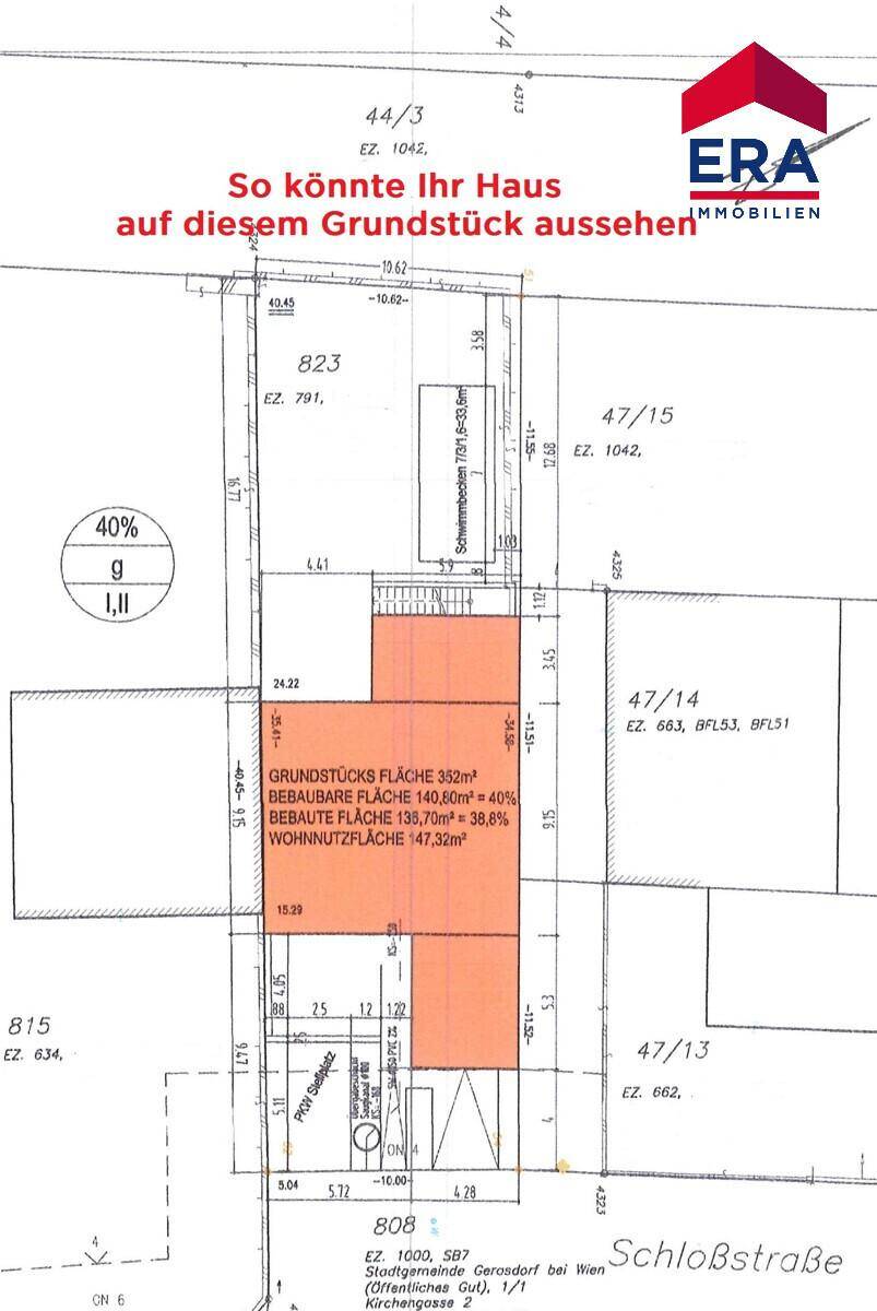 Entwurf eines möglichen Hausgrundrisses auf dem Baugrundstück mit Flächenangaben und Terrasse.