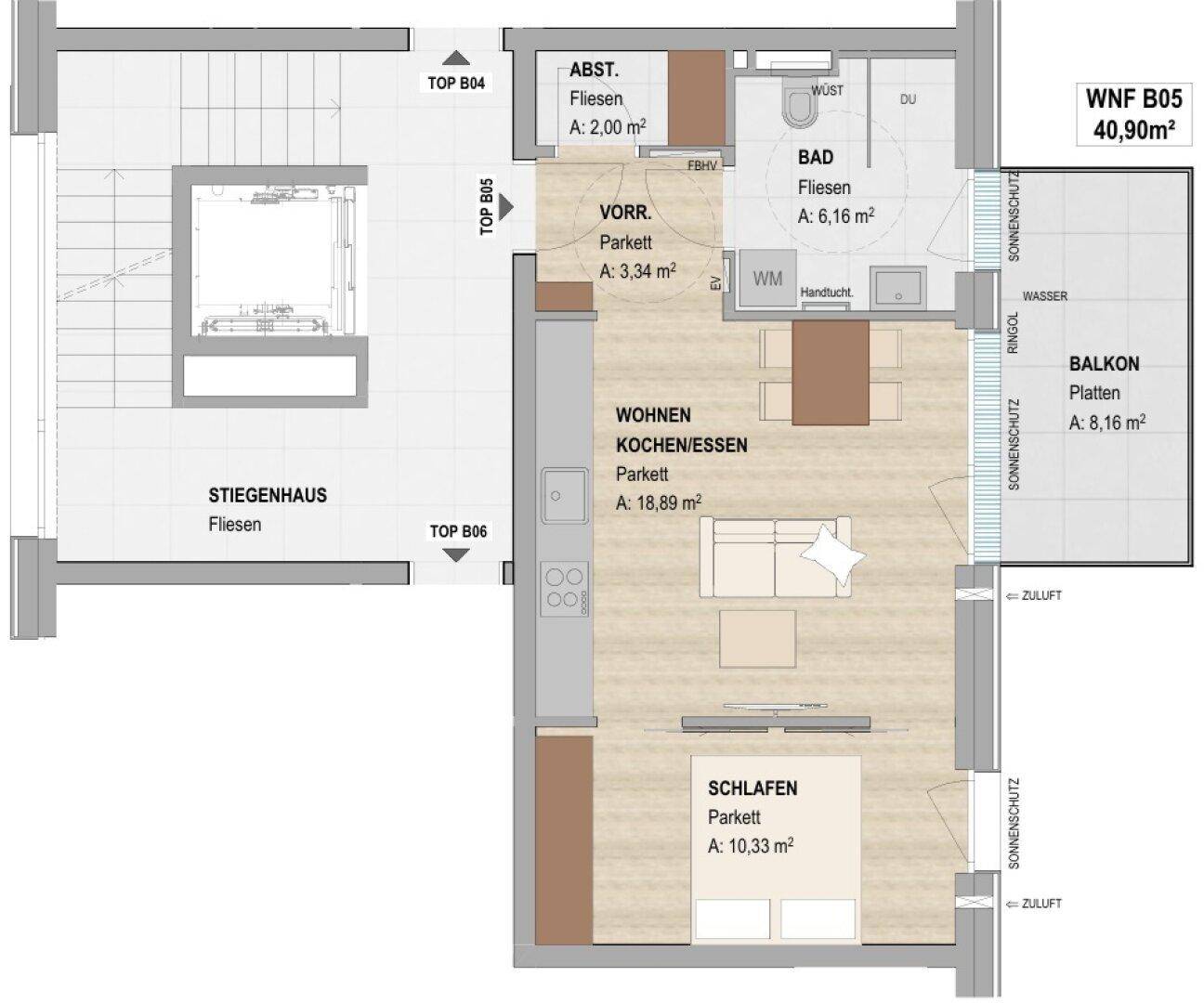 Grundriss der Wohnung B05 mit offenem Wohn-/Koch-/Essbereich, Schlafzimmer, Bad und Balkon.