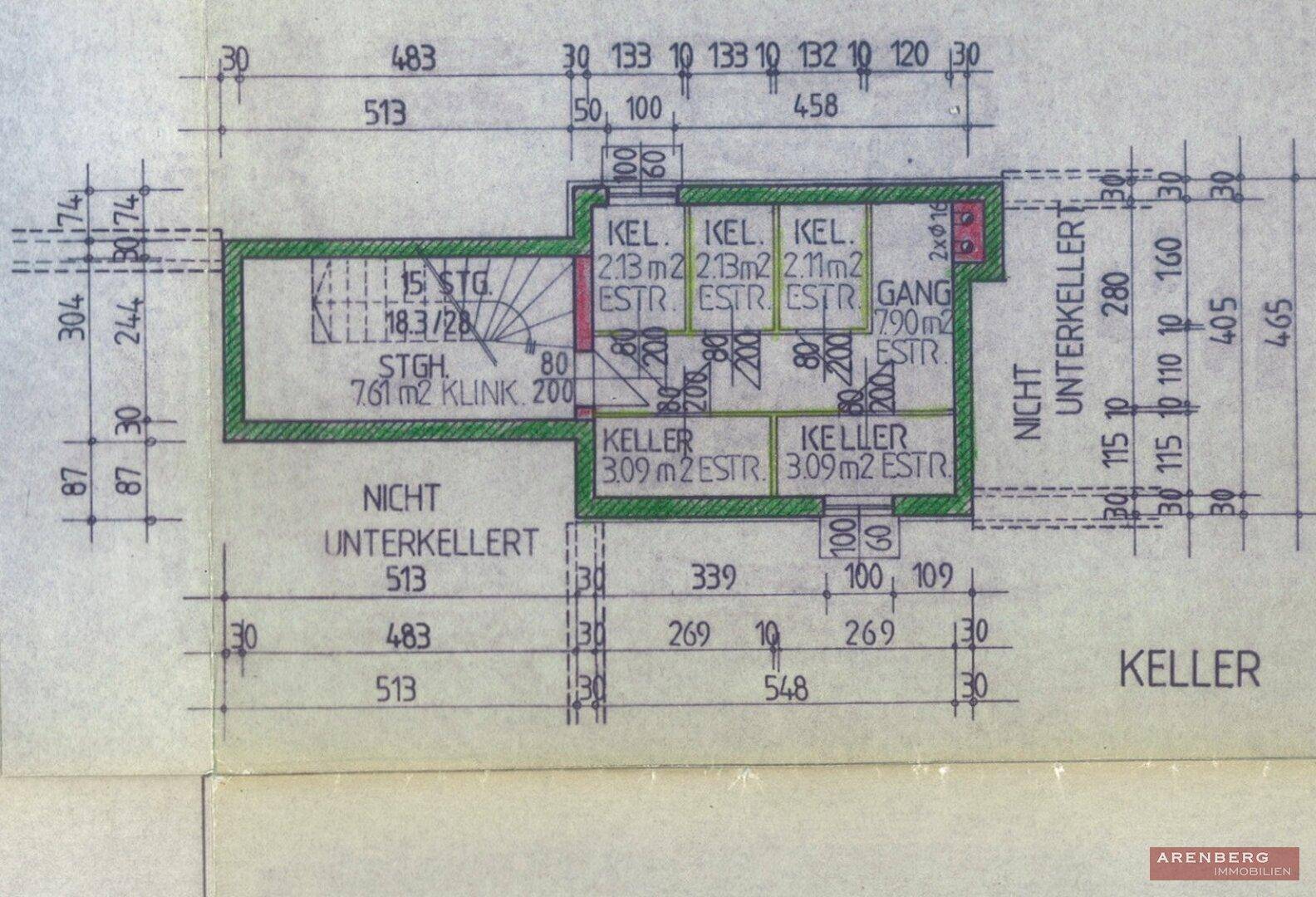 Grundriss des Kellers mit Aufteilung in einzelne Abstellräume und Treppenhaus.