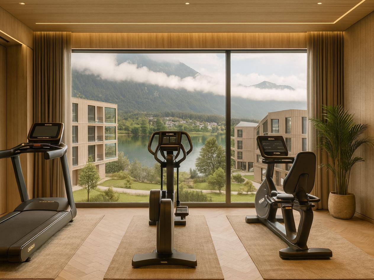 Fitnessraum mit modernen Geräten und Panoramablick auf See und Berge.