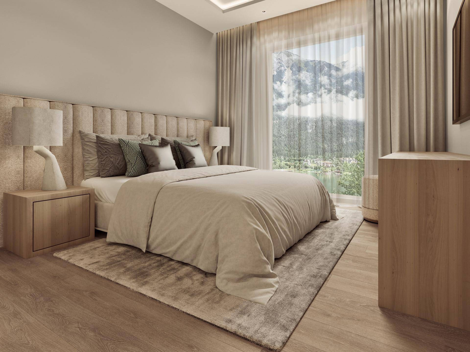 Modernes Schlafzimmer mit großem Fenster, Bergblick und hellem Holzfußboden.