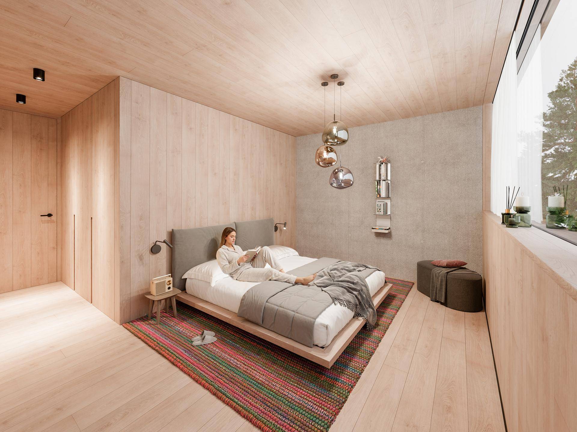 Modernes Schlafzimmer mit Holzboden, großen Fenstern und minimalistischer Einrichtung für Ruhe.