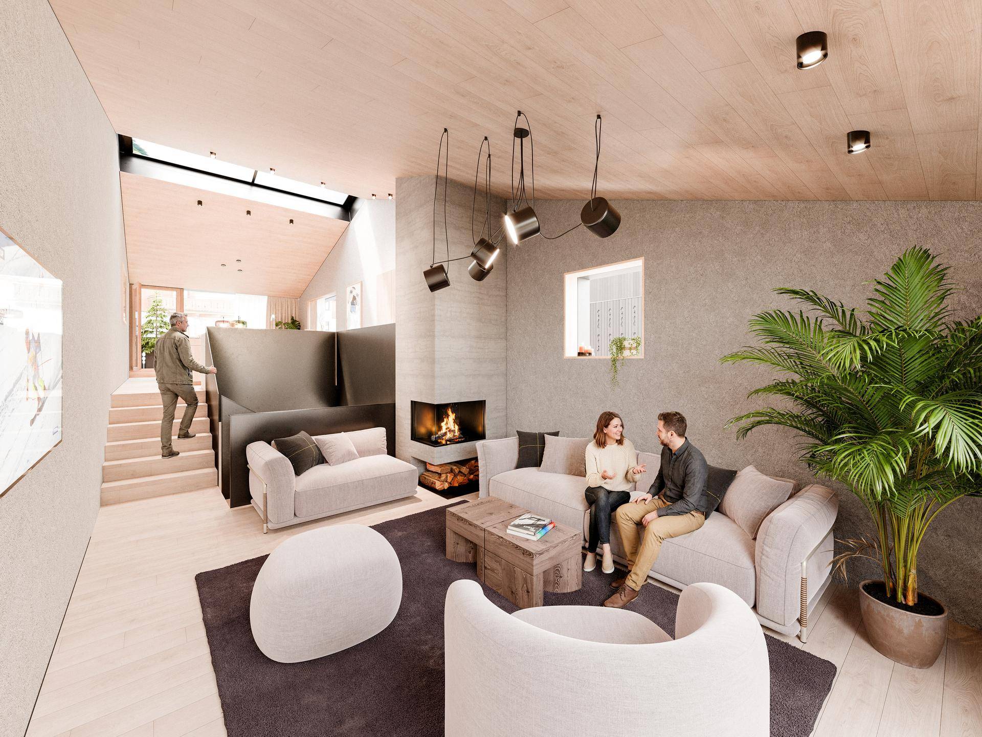Gemütliches Wohnzimmer mit Kamin, modernen Möbeln und Holzboden.