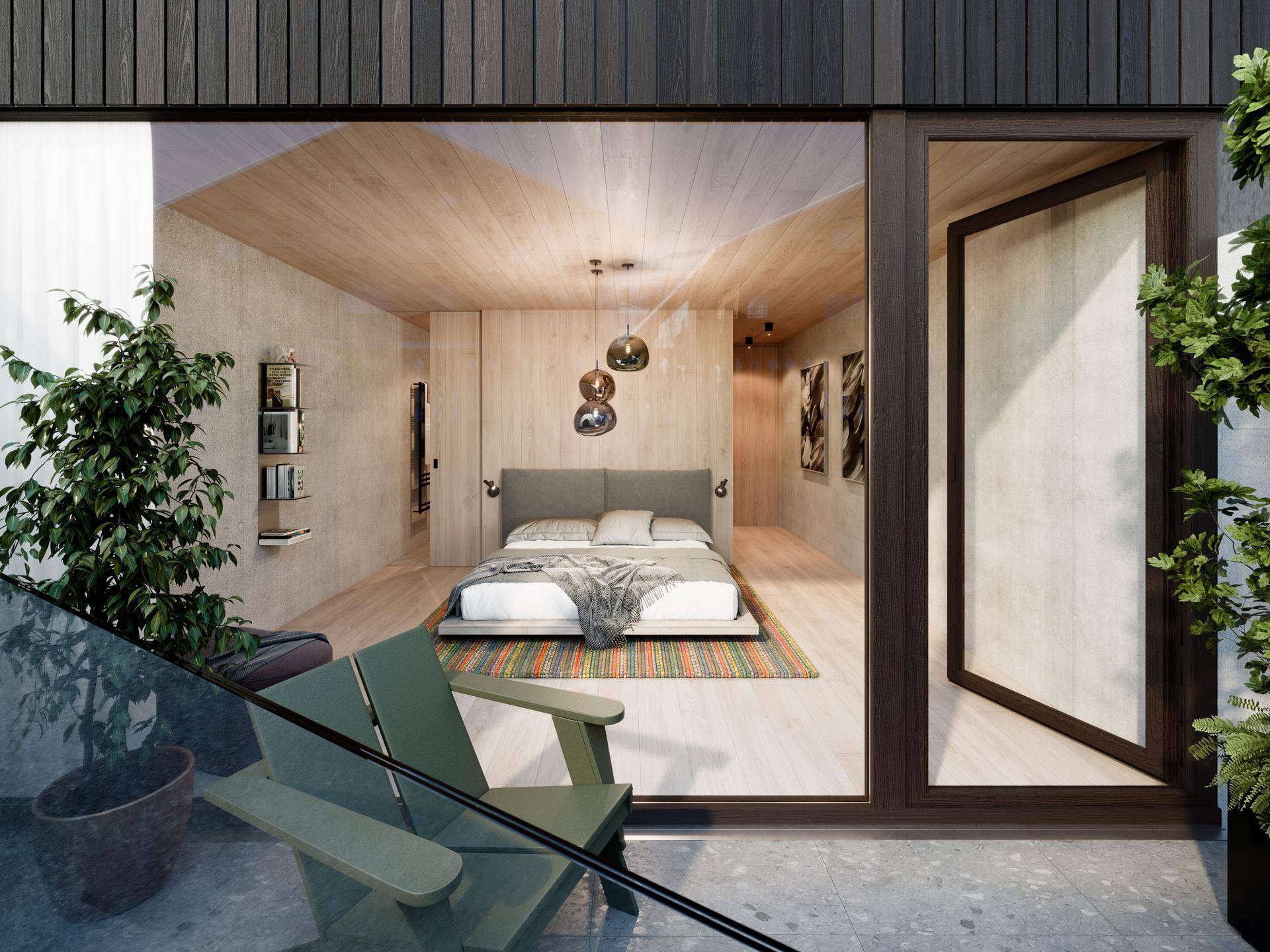 Modernes Schlafzimmer mit großem Fenster, Holzboden und Zugang zu einer kleinen Terrasse.