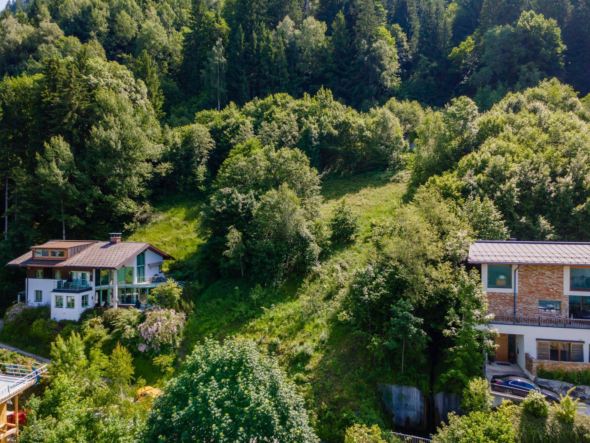 Zwei Häuser eingebettet in eine grüne, bewaldete Hanglandschaft mit dichtem Wald im Hintergrund.
