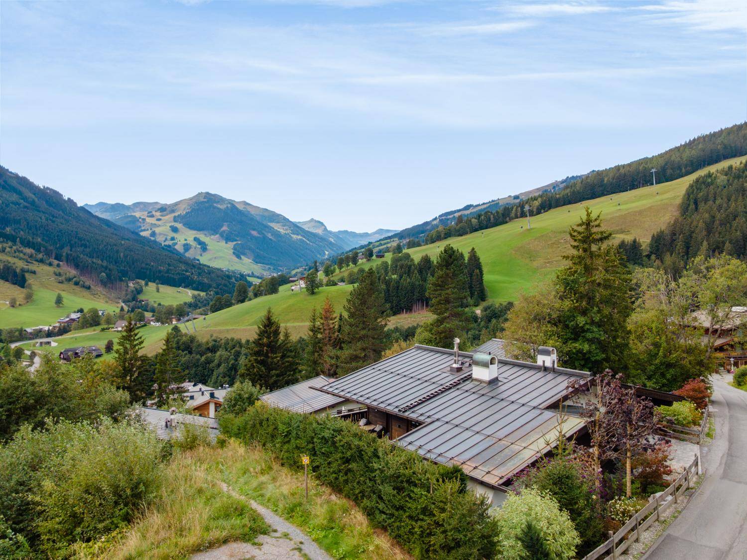 Panoramablick auf ein charmantes Chalet inmitten einer grünen Berglandschaft.